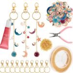 Lip Gloss Keychain Making Kit 212 Pieces - 100 Enamel Charms, 20.67 ft Gold Chains, 10 Keychain Clips and Jewelry Pliers for DIY Crafts Women Purse (Starry Sky)