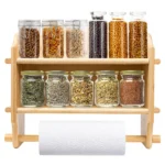 3-Tier Wall Mounted Kitchen Storage Shelf Organizer Bamboo Condiment Rack with Paper Towel Holder