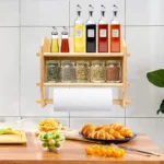 3-Tier Wall Mounted Kitchen Storage Shelf Organizer Bamboo Condiment Rack with Paper Towel Holder - Image 4