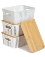 Organizing Shelves Drawers Plastic Storage Containers Stackable Storage Basket With Bamboo Lid